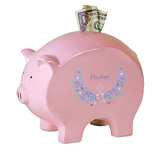 Personalized Pink Piggy Bank with Hc Lavender Floral Garland design