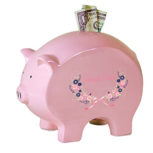 Personalized Pink Piggy Bank with Navy Pink Floral Garland design