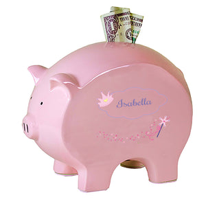 Personalized Pink Piggy Bank with Fairy Princess design