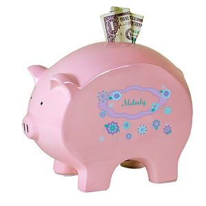 Personalized Pink Piggy Bank with Florascope design