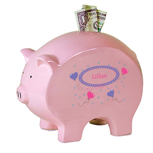 Personalized Pink Piggy Bank with Heart Balloons design