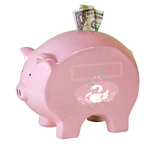 Personalized Pink Piggy Bank with Swan design
