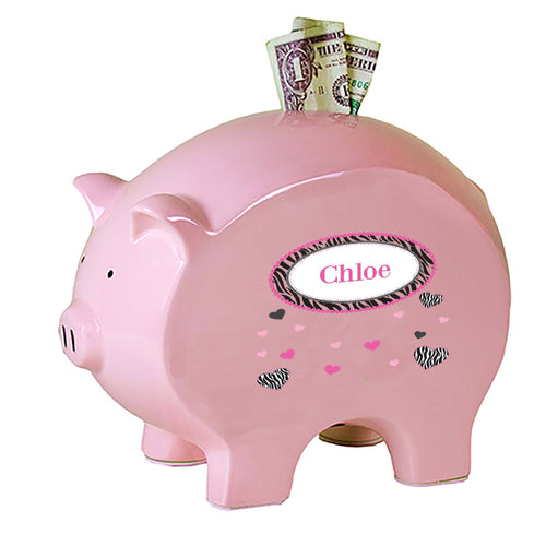 Personalized Pink Piggy Bank with Groovy Zebra design