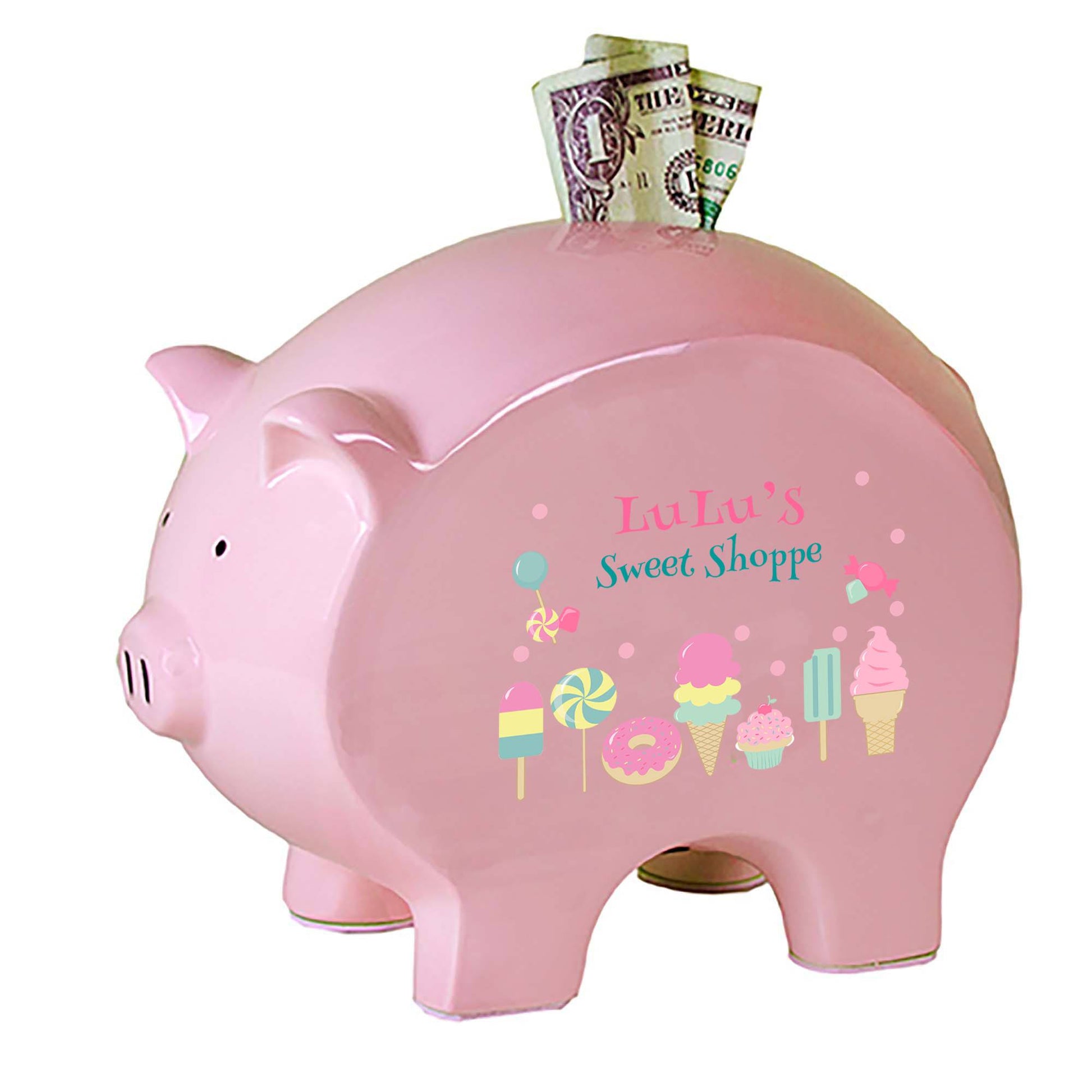 Personalized Pink Piggy Bank with Sweet Treats design