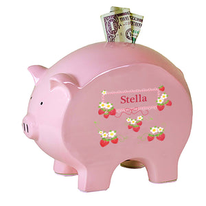 Personalized Pink Piggy Bank with Strawberries design