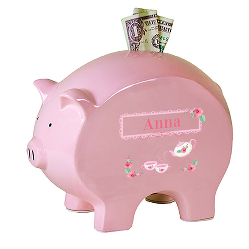 Personalized Pink Piggy Bank with Tea Party design