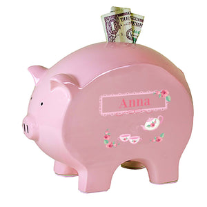 Personalized Pink Piggy Bank with Tea Party design