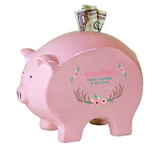 Personalized Pink Piggy Bank with Floral Antler design