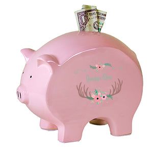 Personalized Pink Piggy Bank with Floral Antler design