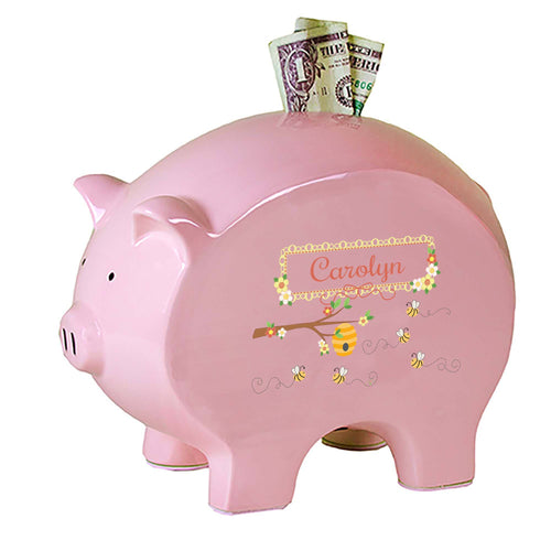 Personalized Pink Piggy Bank with Honey Bees design