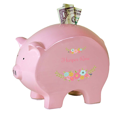 Personalized Pink Piggy Bank with Spring Floral design