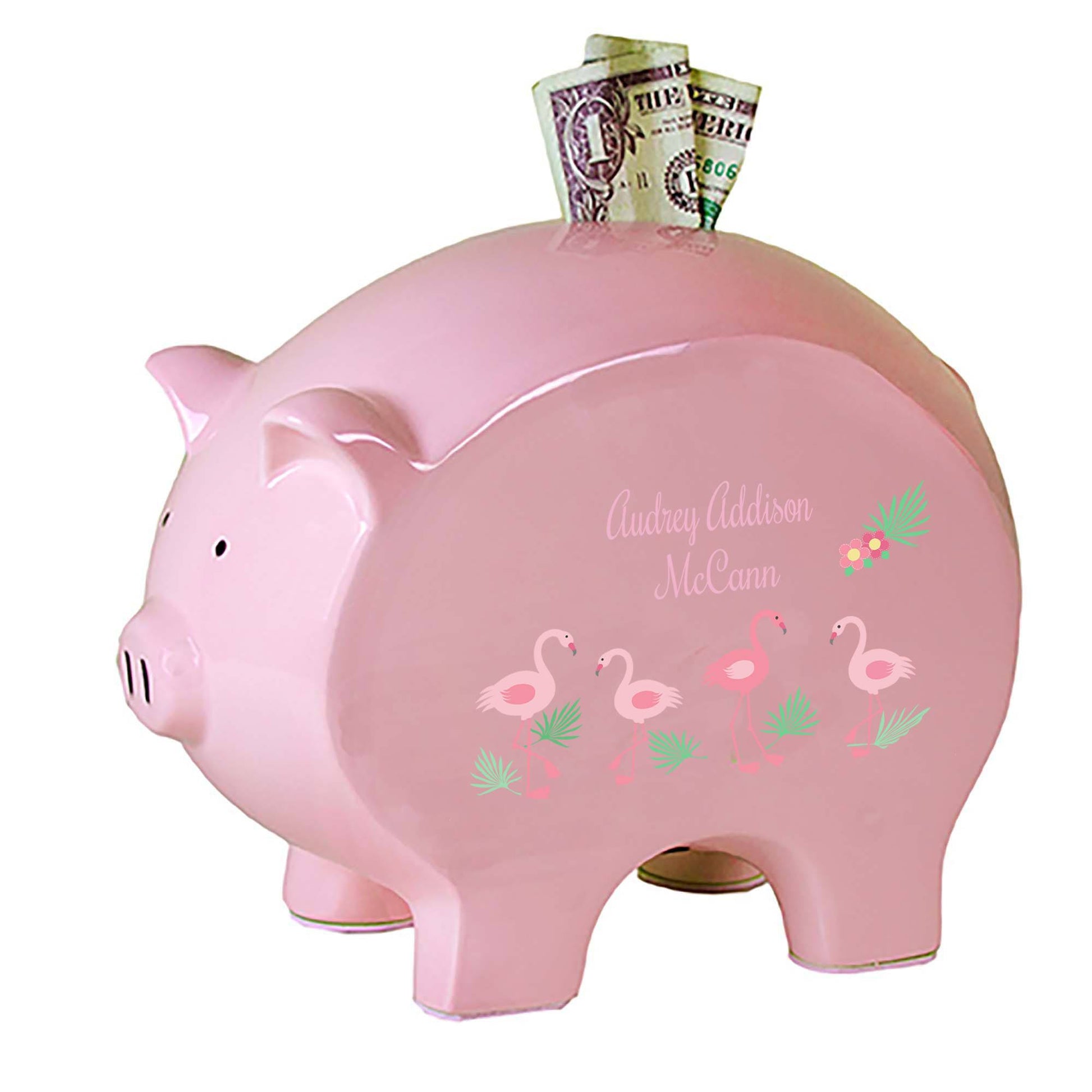 Personalized Pink Piggy Bank with Palm Flamingo design