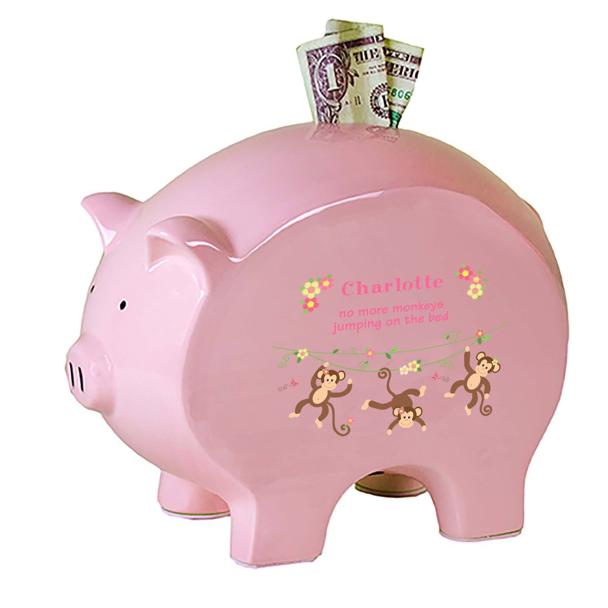Personalized Pink Piggy Bank with Monkey Girl design