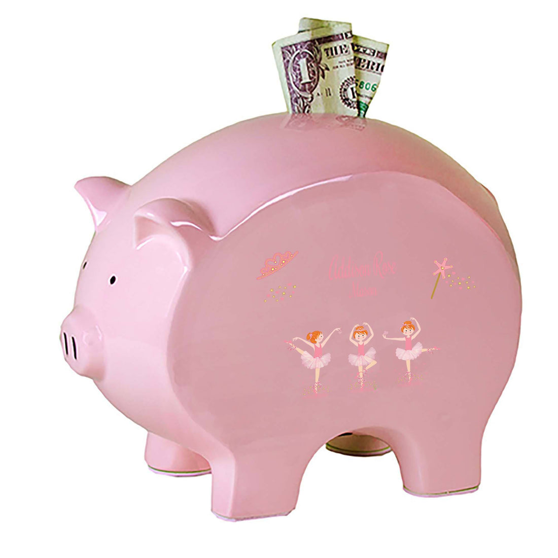 Personalized Pink Piggy Bank with Ballerina Red Hair design