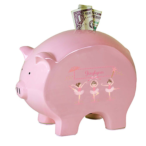 Personalized Pink Piggy Bank with Ballerina Brunette design