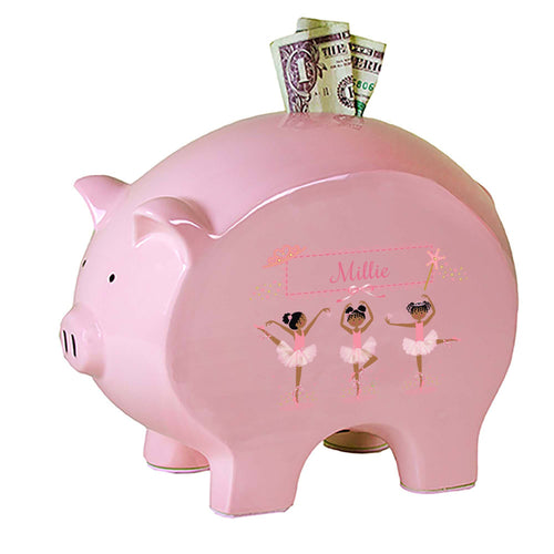 Personalized Pink Piggy Bank with Ballerina African American design