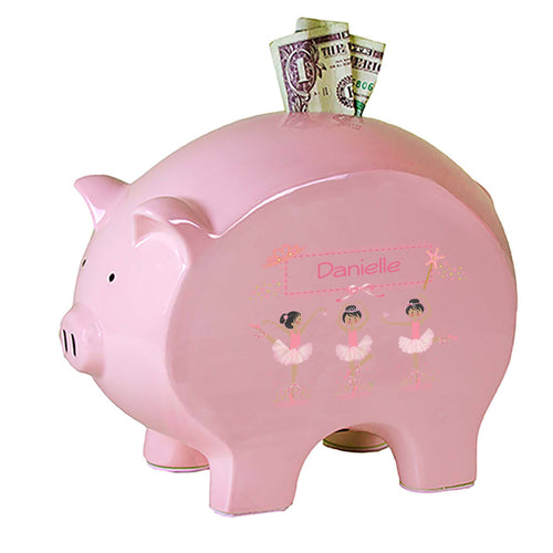 Personalized Pink Piggy Bank with Ballerina Black Hair design