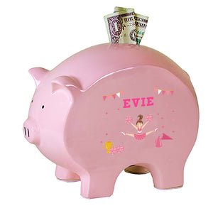 Personalized Pink Piggy Bank with Cheerleader Brunette Hair design