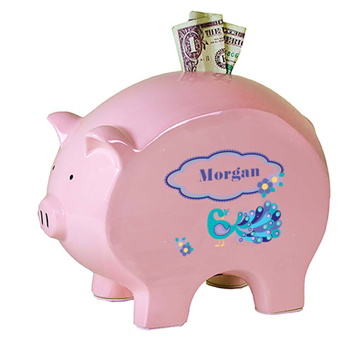 Personalized Pink Piggy Bank with Peacock design