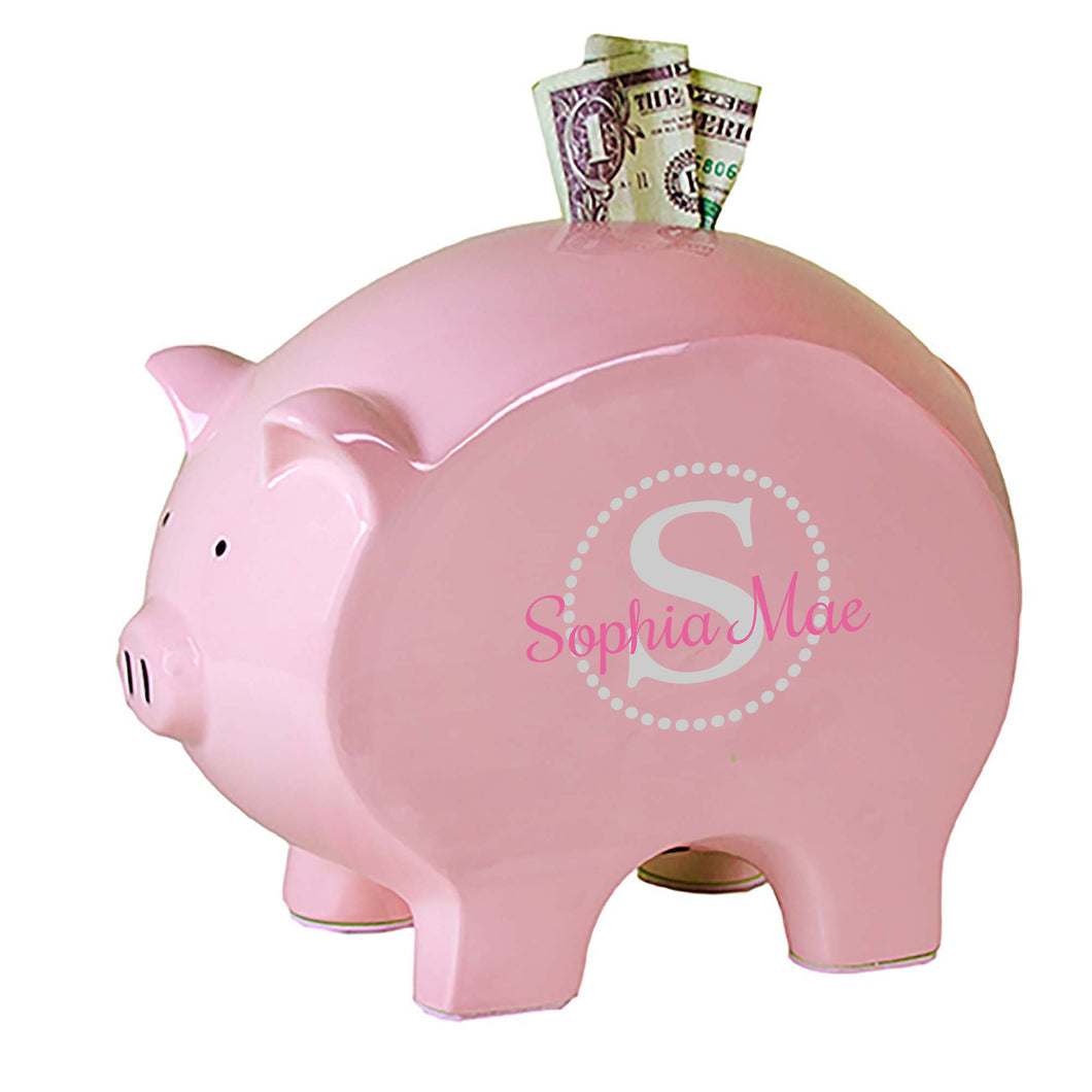 personalized pink piggy bank 701 light gray circle ll