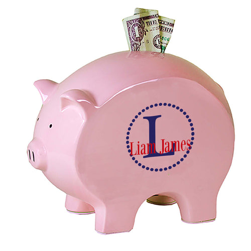 personalized pink piggy bank 705 navy circle ll