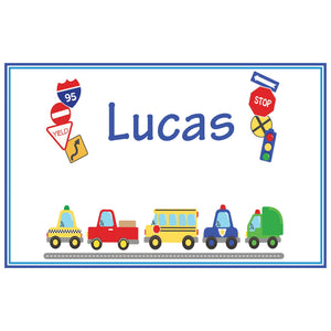 Personalized Placemat with Cars and Trucks design