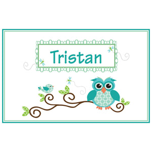 Personalized Placemat with Blue Gingham Owl design