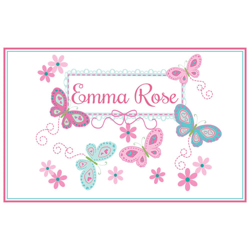 Personalized Placemat with Butterflies Aqua Pink design