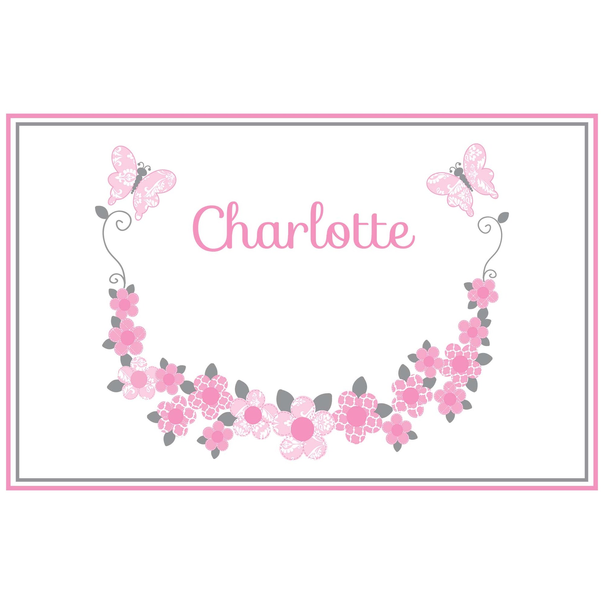 Personalized Placemat with Pink and Gray Butterflies design