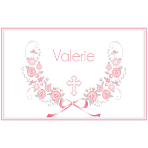 Personalized Placemat with Holy Cross Pink Gray Floral Garland design