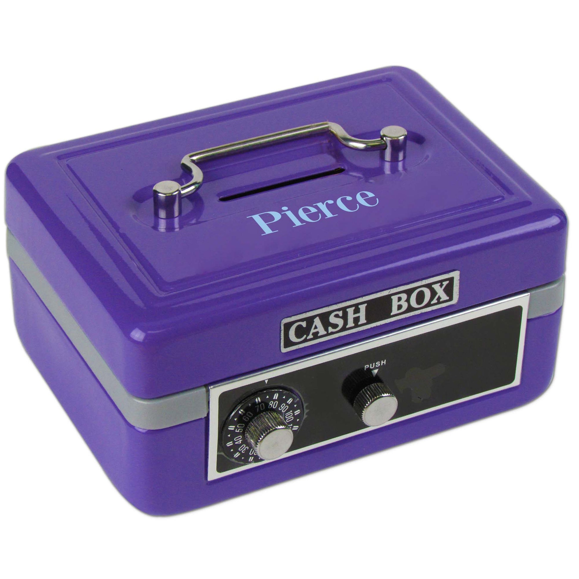 personalized purple cash box with childs name message