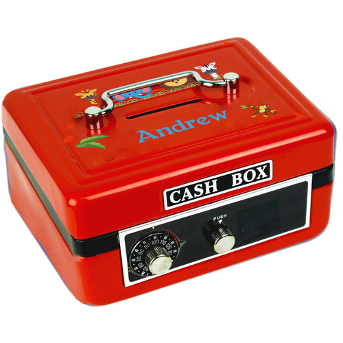 Personalized Jungle Animals Boy Childrens Red Cash Box