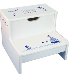 Girl's Sailboat Personalized White Storage Step Stool