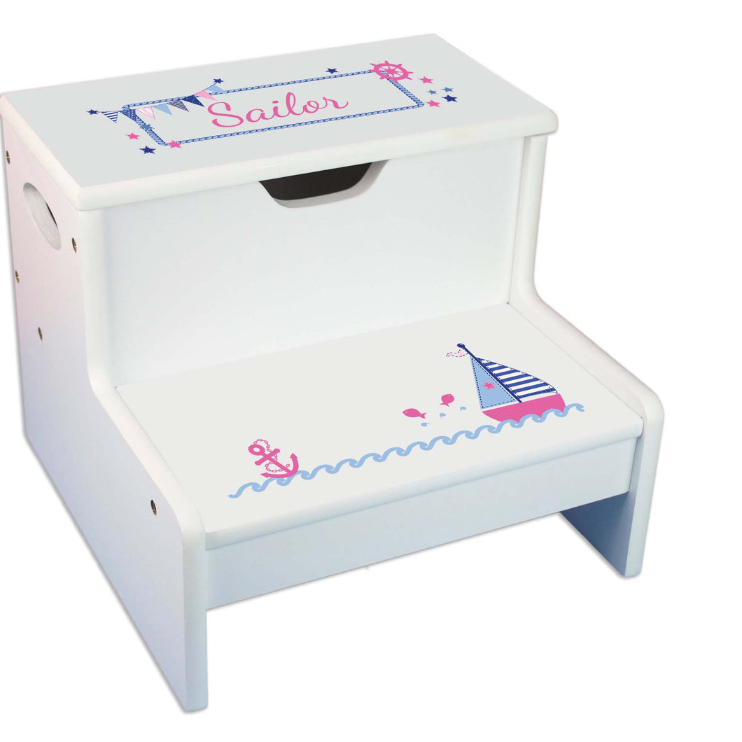 Girl's Sailboat Personalized White Storage Step Stool