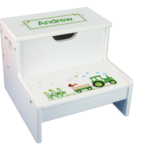 Green Tractor Personalized White Storage Step Stool