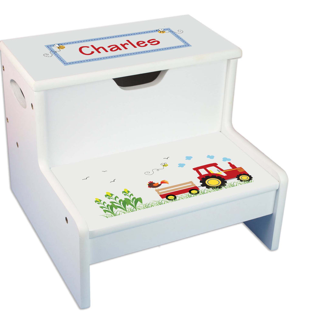 Red Tractor Personalized White Storage Step Stool