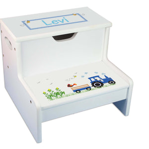 Blue Tractor Personalized White Storage Step Stool