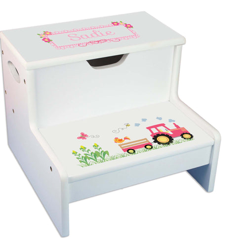 Pink Tractor Personalized White Storage Step Stool