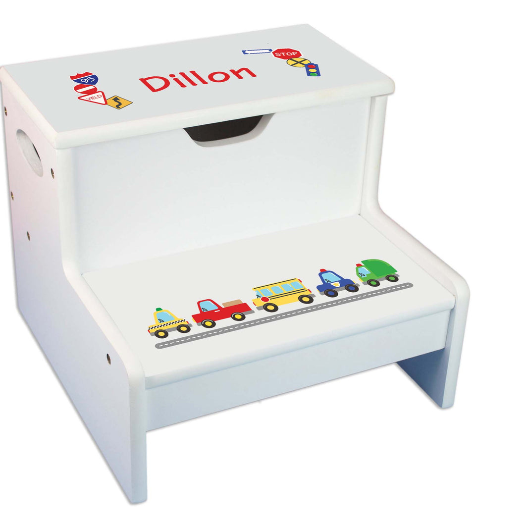 Cars And Trucks Personalized White Storage Step Stool