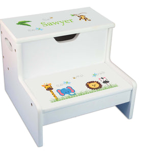Jungle Animal Personalized White Storage Step Stool