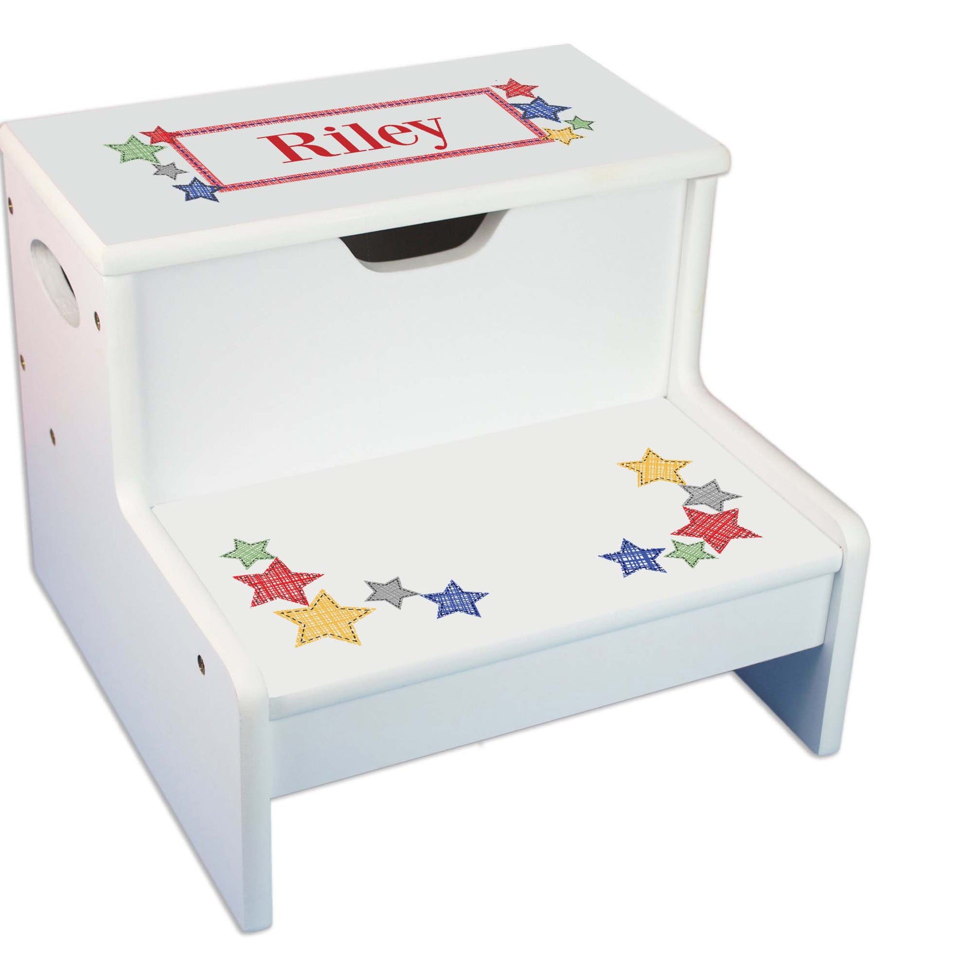 Stitched Stars Personalized White Storage Step Stool