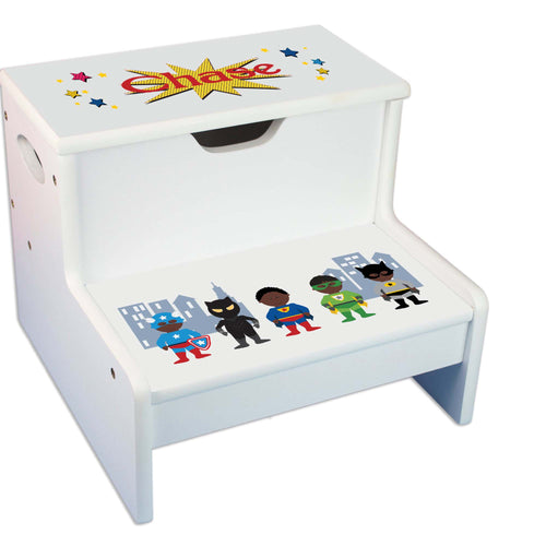African American Superhero Personalized White Storage Step Stool