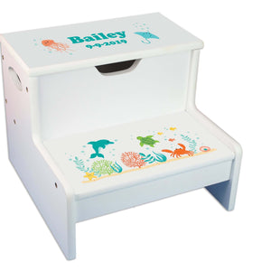 Pastel Hot Air Balloon Personalized White Storage Step Stool