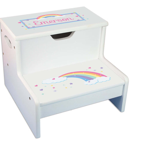 Pastel Rainbow Personalized White Storage Step Stool