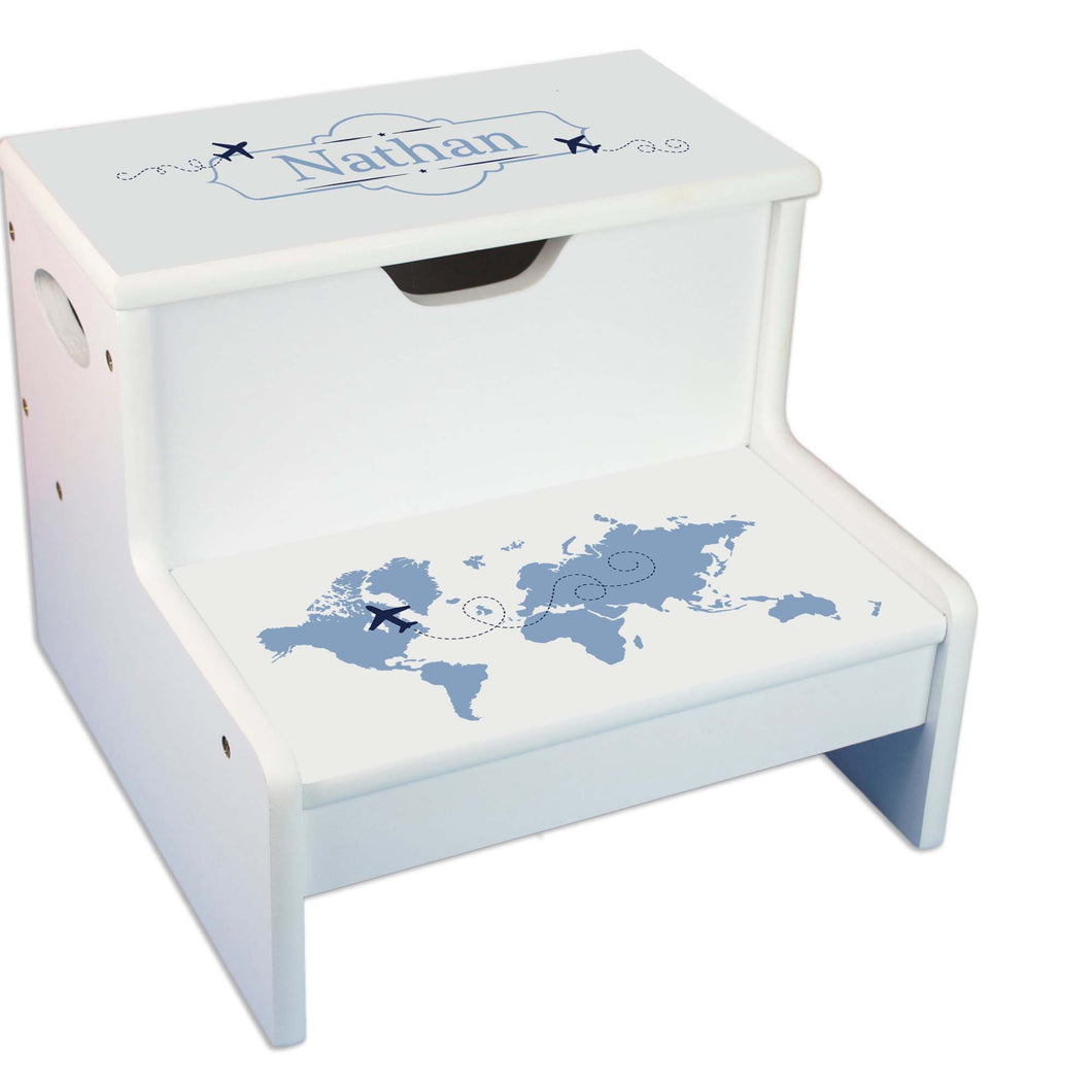 Blue World Map Personalized White Storage Step Stool