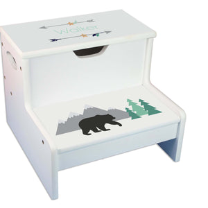 Mountain Bear Personalized White Storage Step Stool