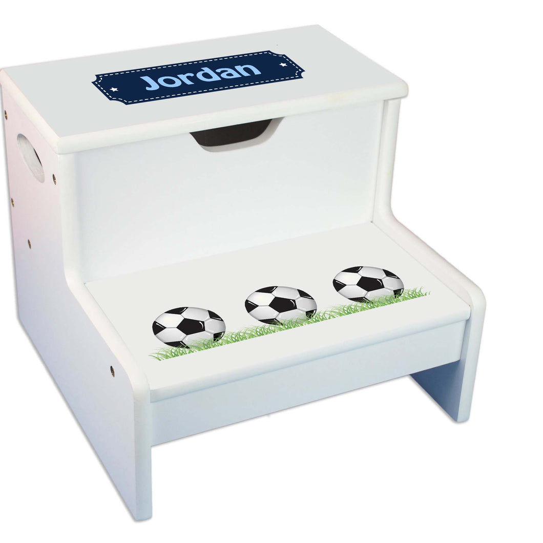 Soccer Personalized White Storage Step Stool