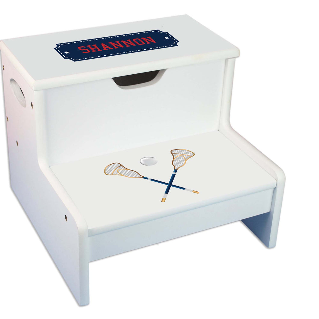 Lacrosse Sticks Personalized White Storage Step Stool