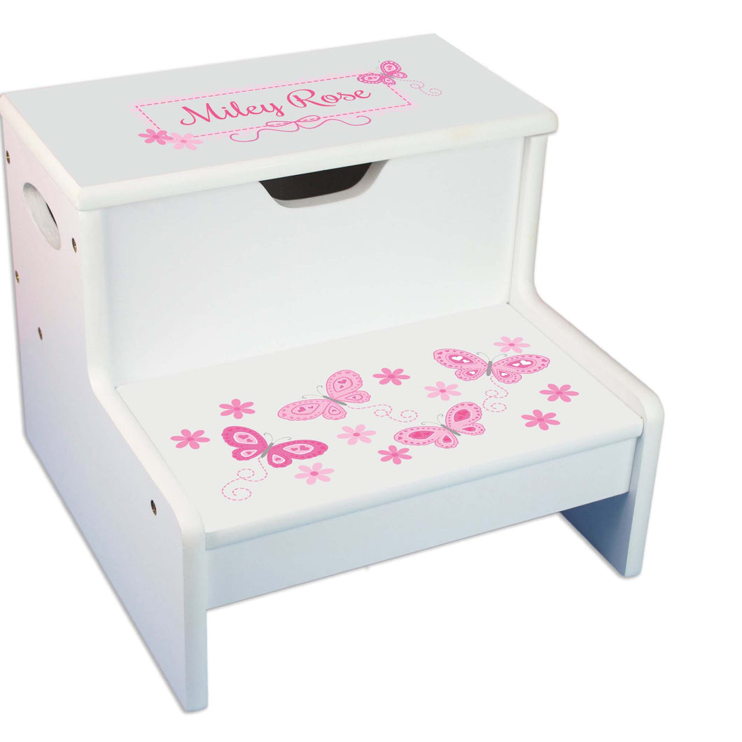 Pink Butterflies Personalized White Storage Step Stool