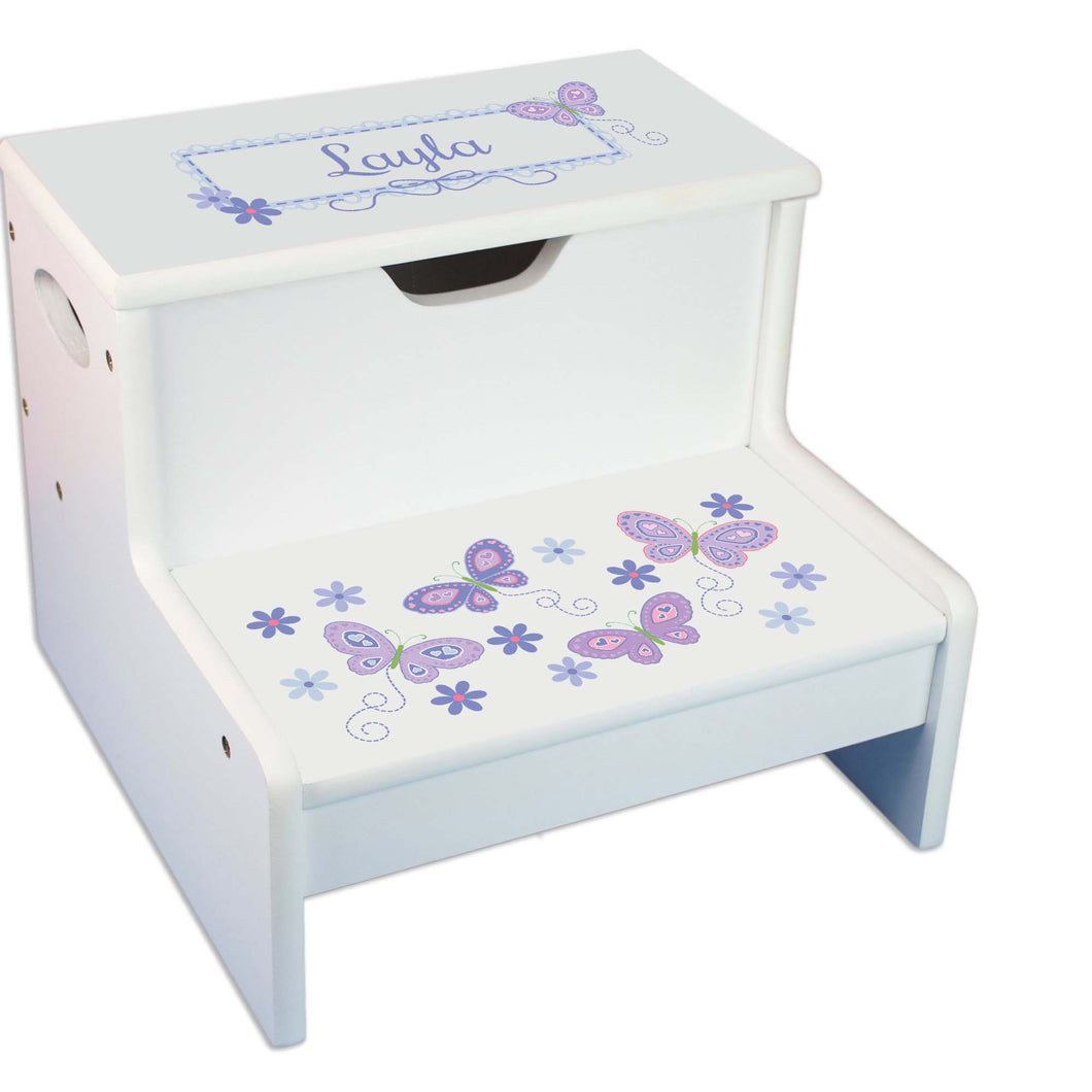 Lavender Butterflies Personalized White Storage Step Stool